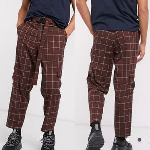 ASOS DESIGN Oversized Tapered Belted Cargo Check Smart Pants Size 32x32 NWT